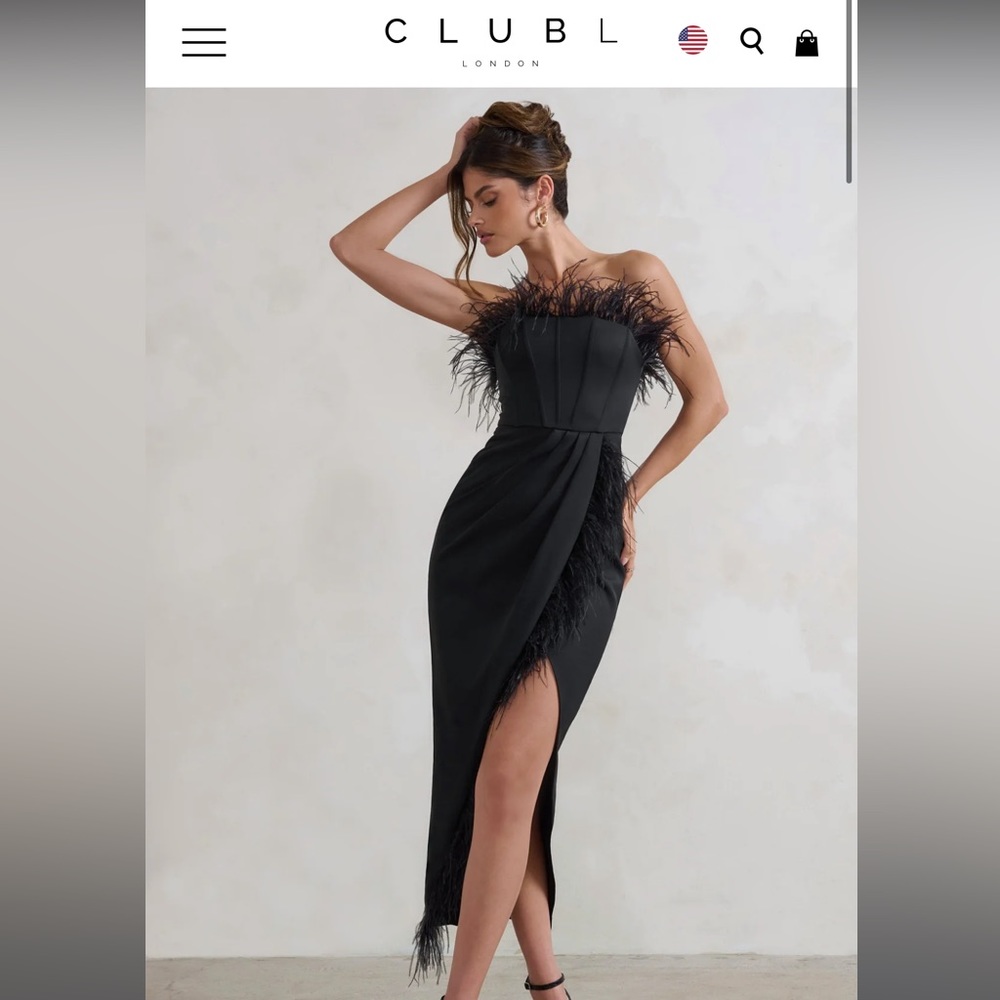 Club L - Black Bandeau Feather Corset Midi Dress With Feather Trim